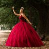 Vestido de Quinceañera rojo corte princesa con pedrería