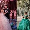 Vestidos de quinceañera corte princesa rosa y verde esmeralda
