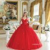 Vestido de quinceañera rojo corte princesa con mariposas