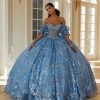 Vestido de Quinceañera azul celeste corte princesa con encaje plateado