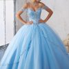 Vestido de quinceañera azul celeste corte princesa con pedrería