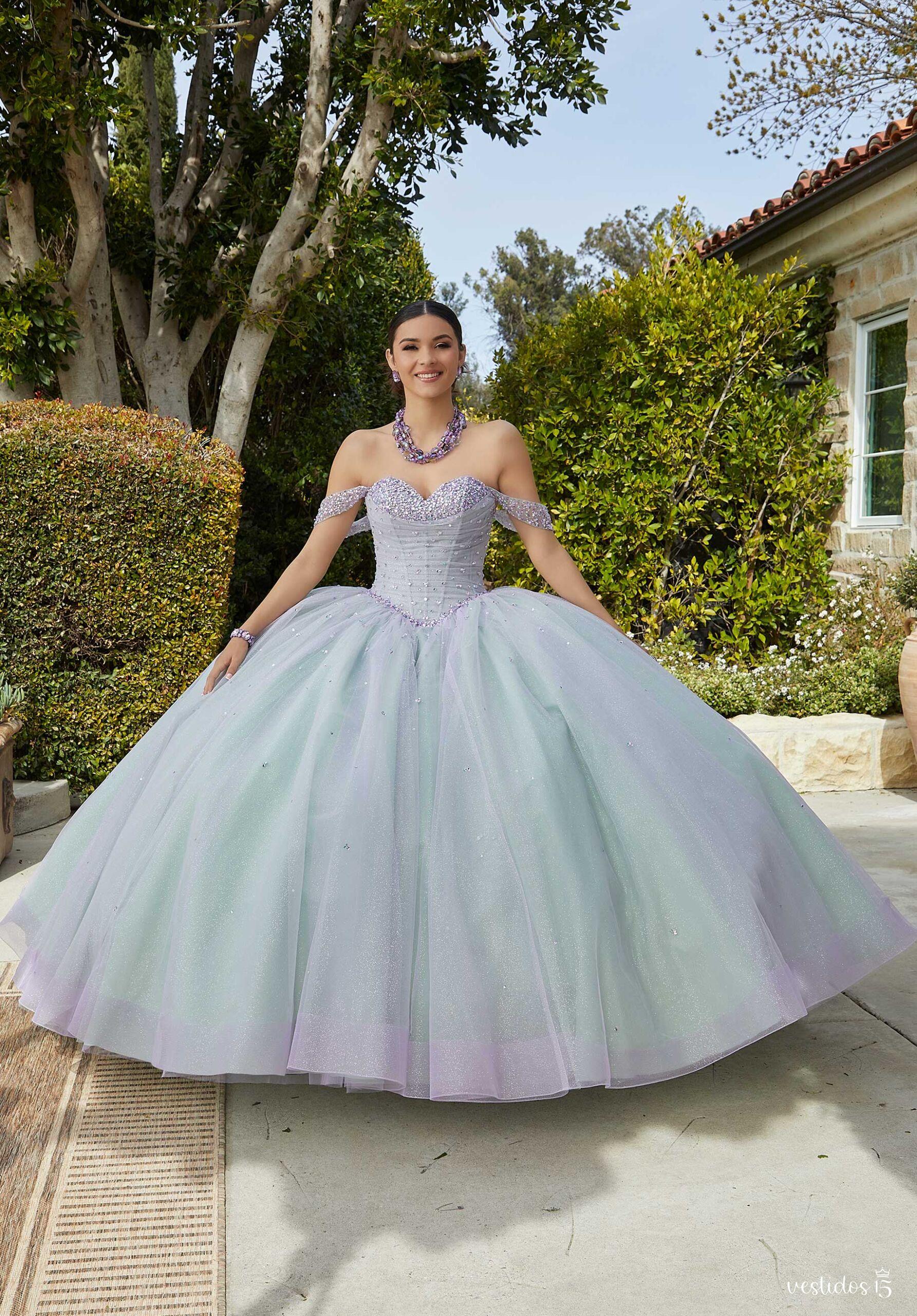 Vestido de 15 años Abrilina Azul Verdoso con lila