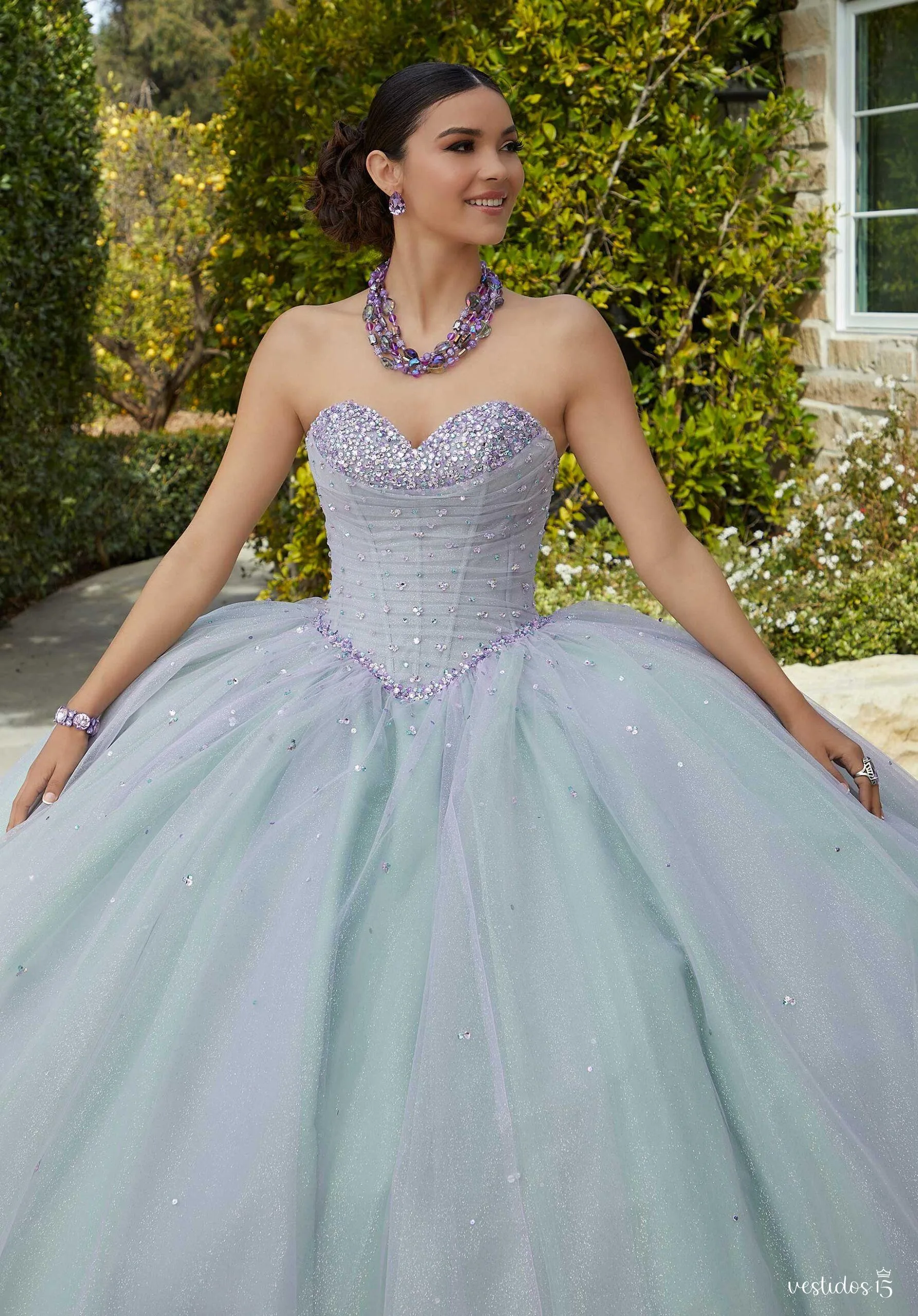 Alternative view of Vestido de 15 años Abrilina Azul Verdoso con lila