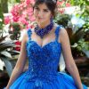 Vestido de quince años azul con flores y pedrería