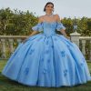Vestido de quinceañera azul cielo corte princesa con flores 3D