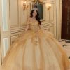 Vestido de Quinceañera Dorado Corte Princesa con Escote Bardot