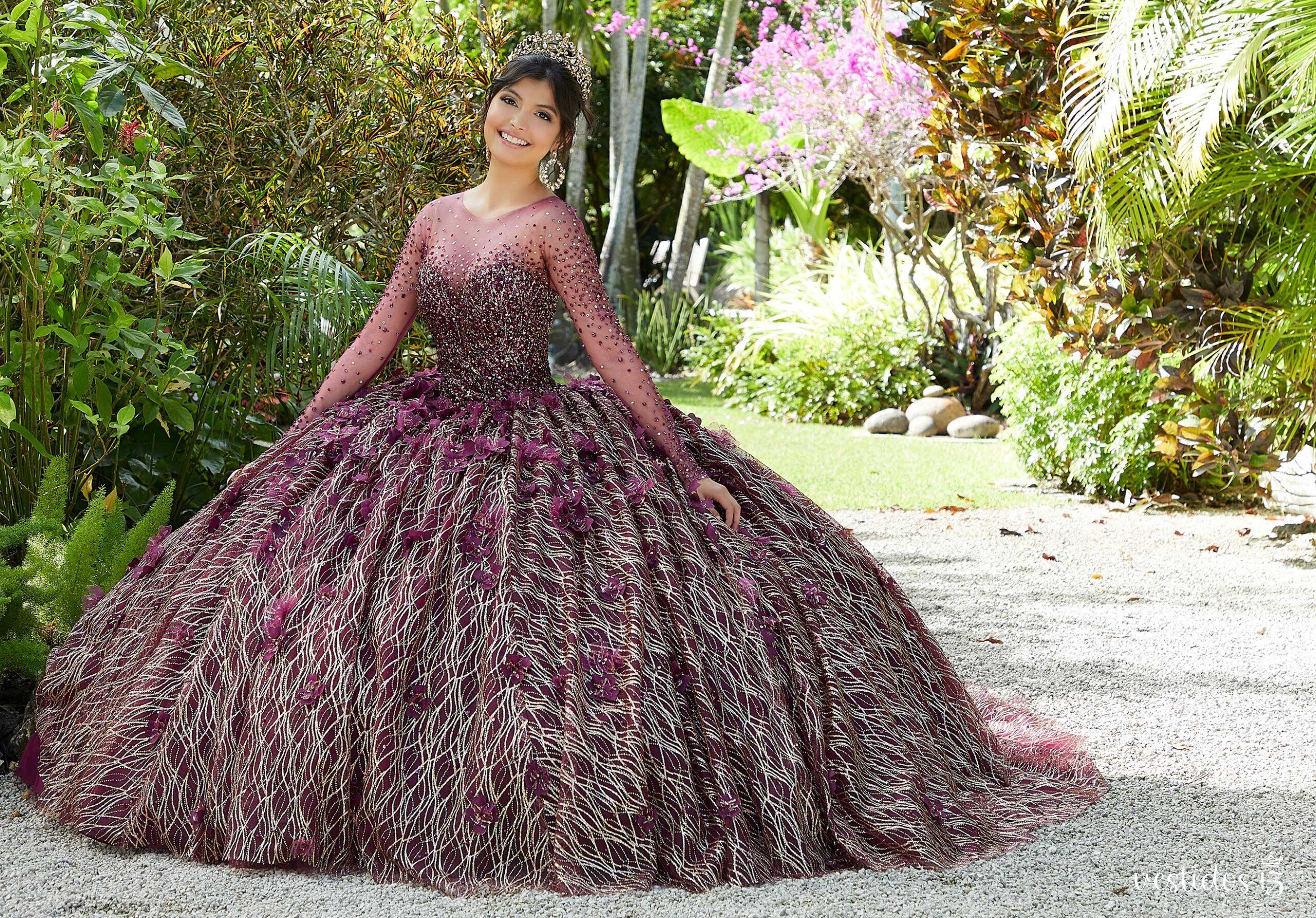 Alternative view of Vestido de 15 años Amelie Rojo vino con dorado y mangas