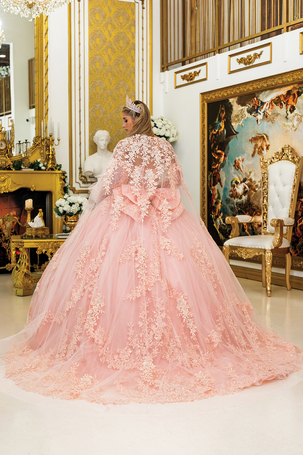 Vestido de quinceañera rosa palo con lazo