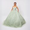 Vestido de quinceañera verde menta corte princesa con flores