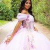 Vestido de Quinceañera rosa pastel corte princesa con hombros caídos y bordados florales en la falda