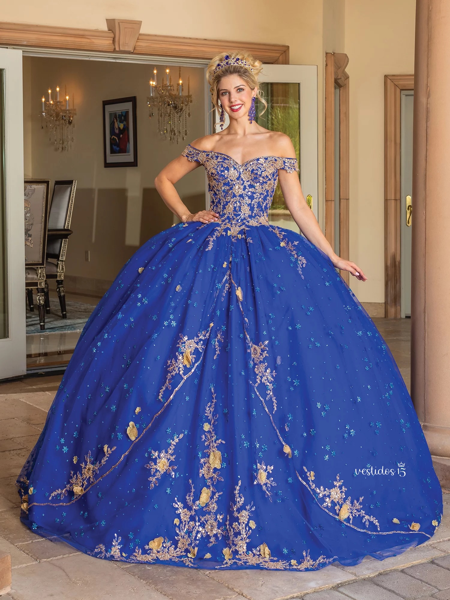 Vestido de 15 años Eterna Azul con Dorado Real