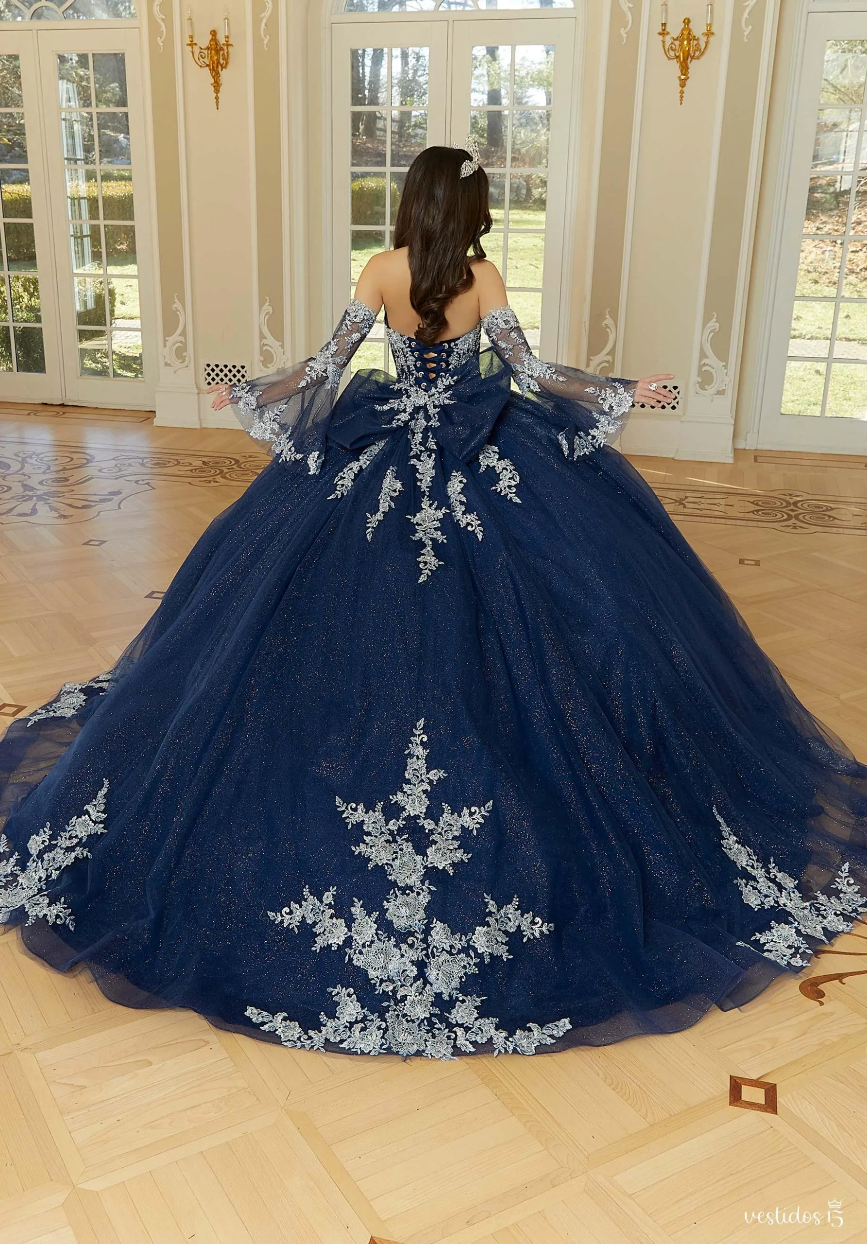 Vestido de 15 años Astrid Azul oscuro / Marino con plateado - Imagen 3
