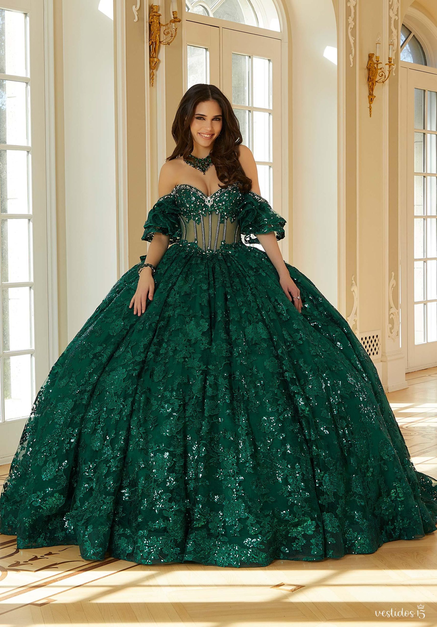 Vestido 15 verde alba — diseño exclusivo en Vestidos15