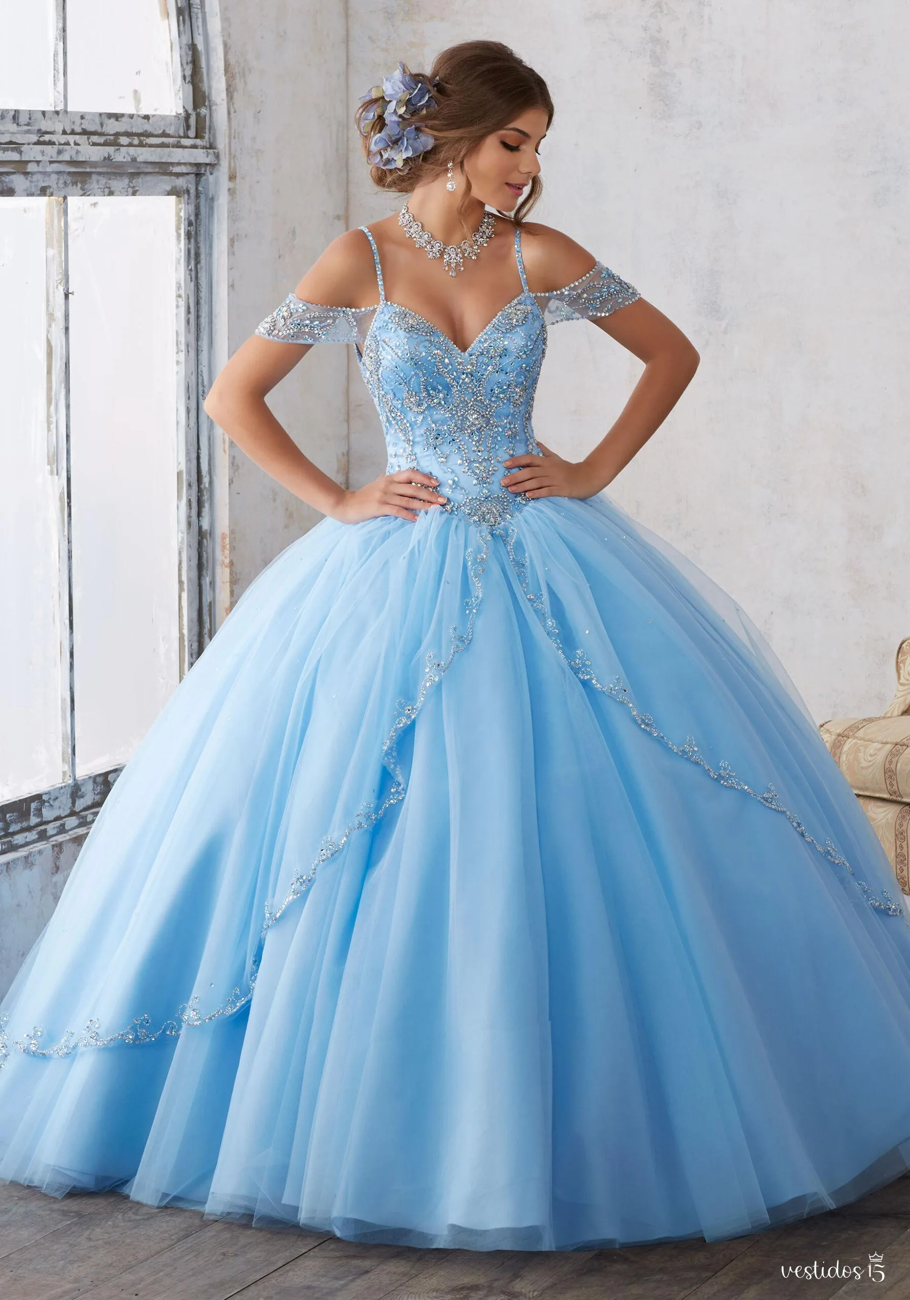 Vestido 15 azul alma de alta calidad en Vestidos15