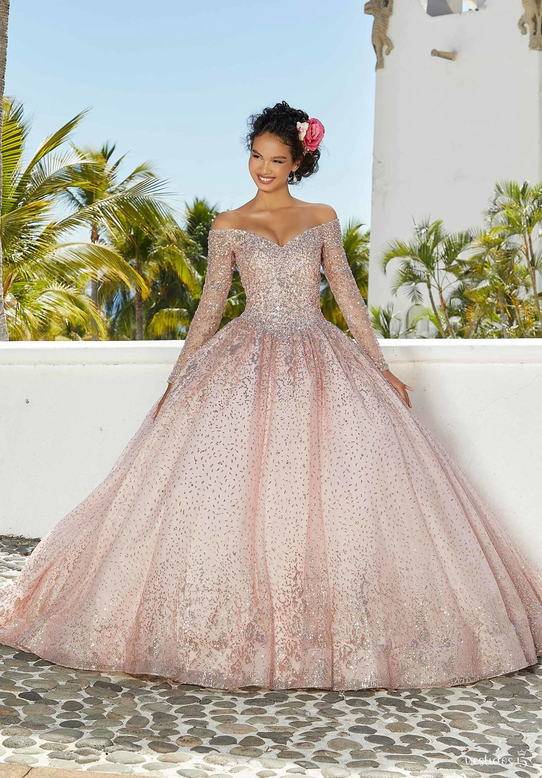 Vestido 15 rosa aurora — diseño exclusivo en Vestidos15
