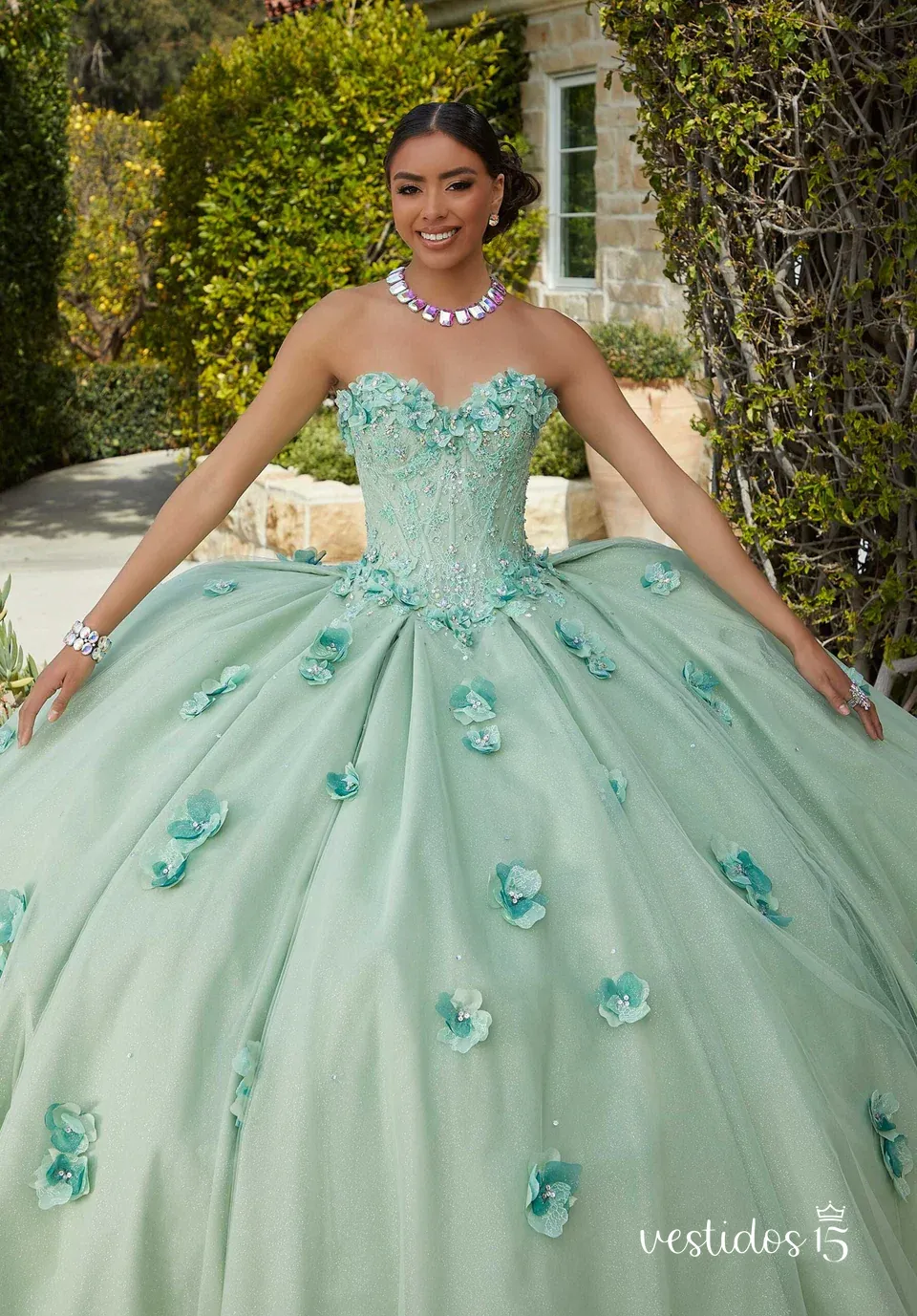 Vestido 15 verde amelia — diseño exclusivo en Vestidos15